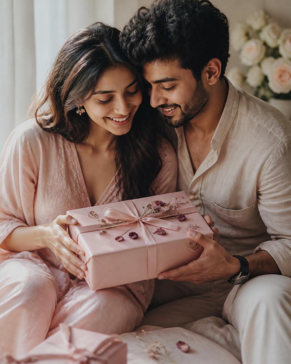 A blush pink gift wrapped with a satin ribbon